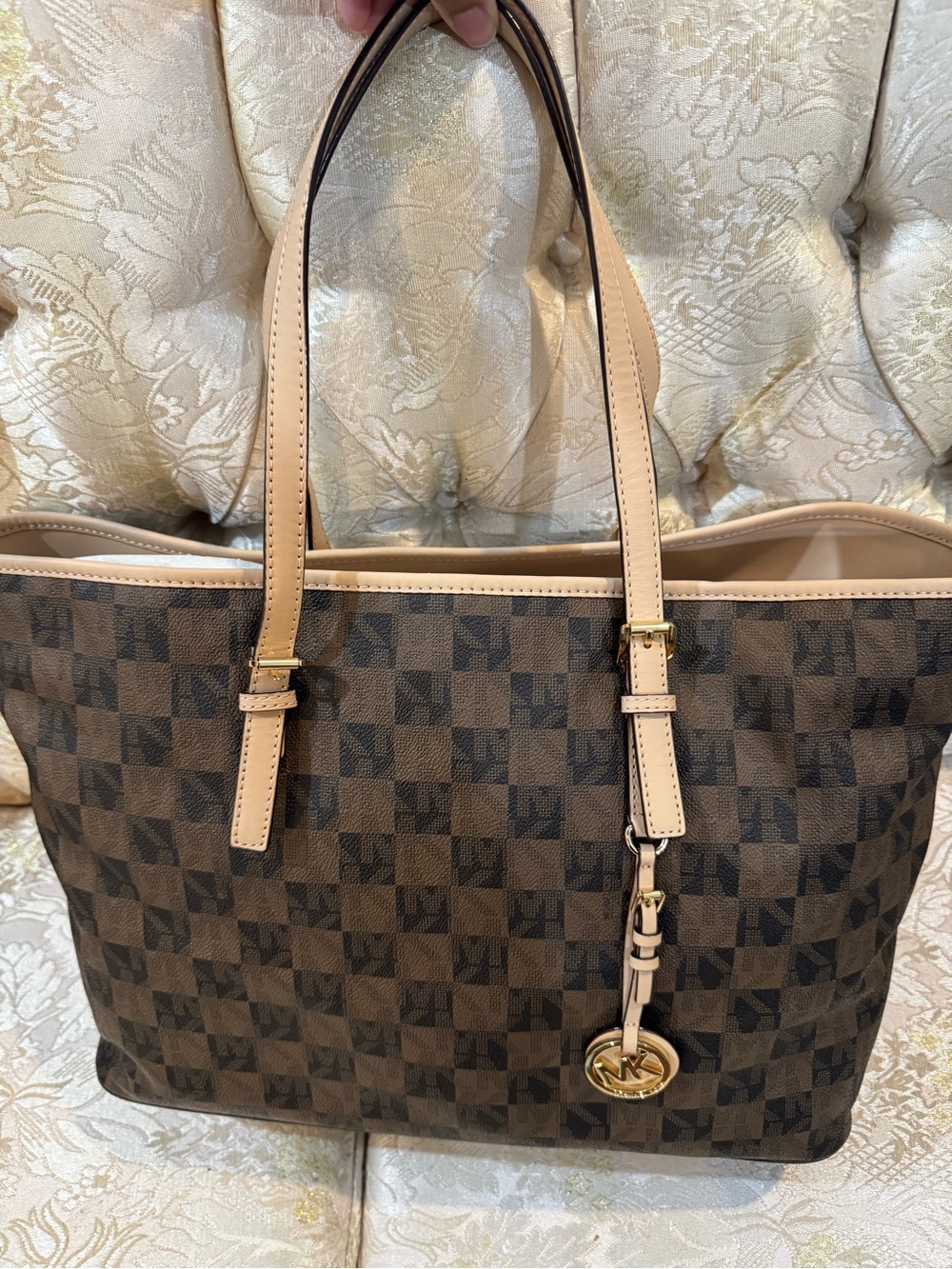 Michael Kors Brown Leather Check Tote with Beige Trim